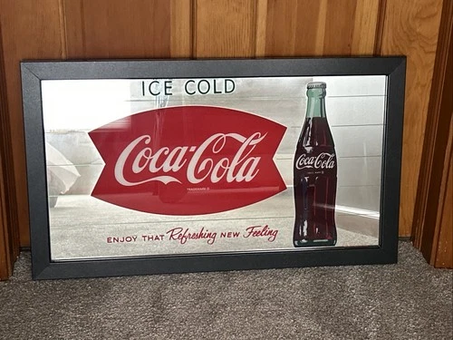 Vintage Coca Cola Refreshing New Feeling 26"x15" Wood Framed Mirror