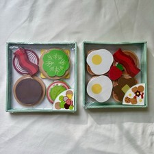 Wooden Play Food Set Of 19 Pcs Hamburger Fruit Eggs Breakfast Pretend Kitchen