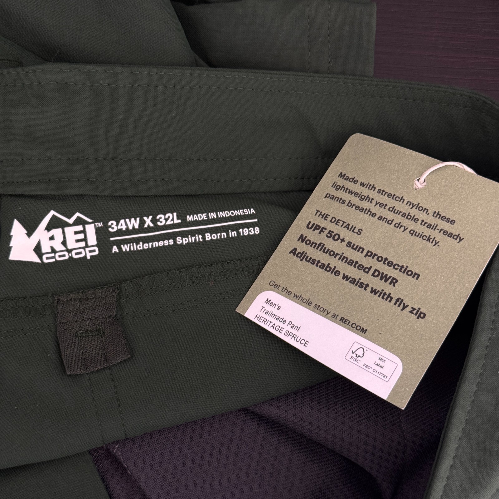 REI Trail Made Pants Mens 34 x 32 Hiking Trail Pant Outdoor UPF 50 NEW Green