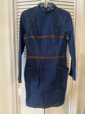 Long Sleeve Turtle Neck Denim Mini Dress Size S Pockets Bodycon Cowgirl