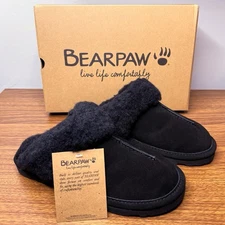NEW Bearpaw Loketta Sheep Wool Black Leather Suede Slippers Women's 7