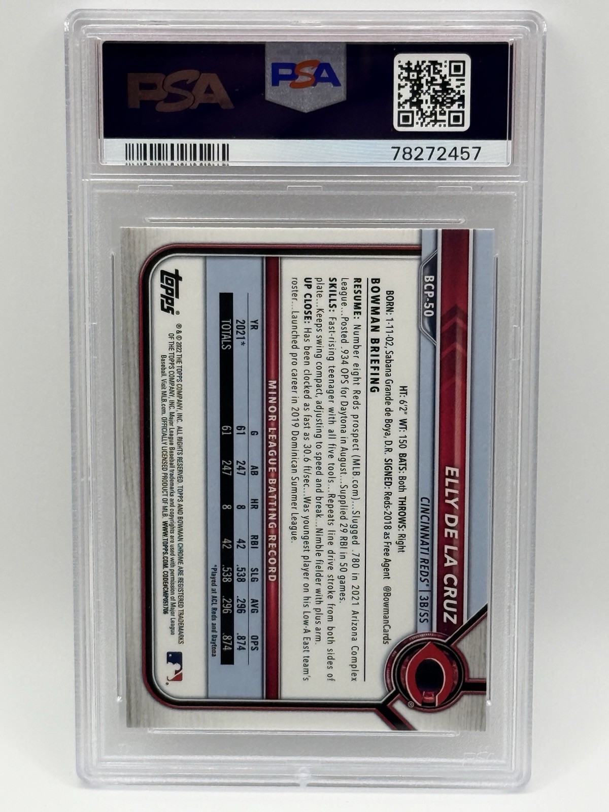 2022 Bowman Chrome Elly De La Cruz #BCP-50 1st Bowman PSA 10 Cincinnati Reds view 2