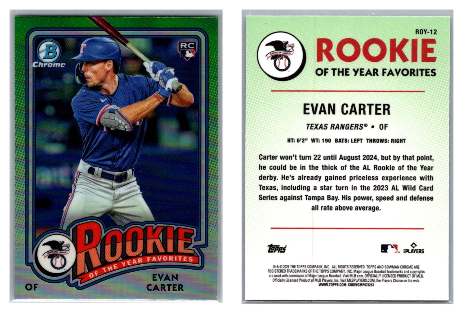 Evan Carter RC 2024 Bowman Chrome Rookie Of The Year Favorites Texas Rangers