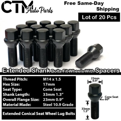20x Black 14x1.5 Lug Bolt 33mm Shank Fit Mercedes Aftermarket Wheel with Spacer