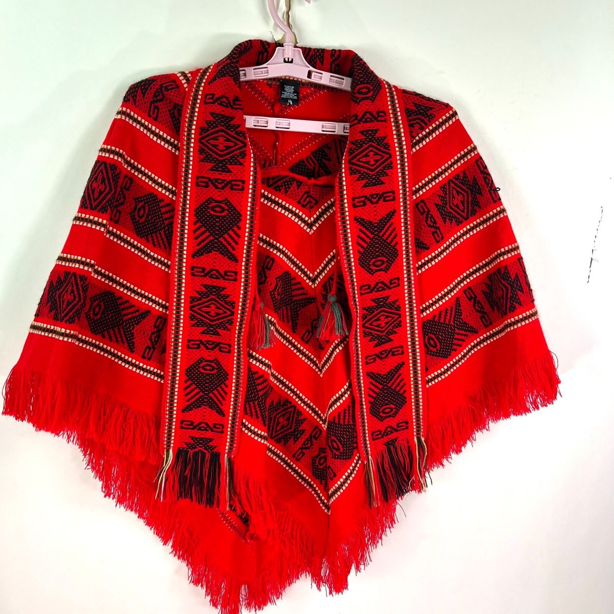 Vintage Otavalito Hand Knit Woven Southwest Aztec Ethnic Red Boho Poncho  Cape OS