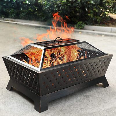 Outdoor Wood Burning Fire Pits Rectangular Bowl Patio Firepit with Spark  Screen | eBay