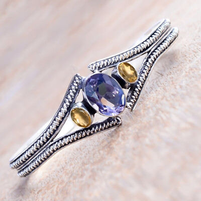 Faceted Amethyst & Citrine Cut Gemstone 925 Sterling Silver Handwork Cuff Bangle