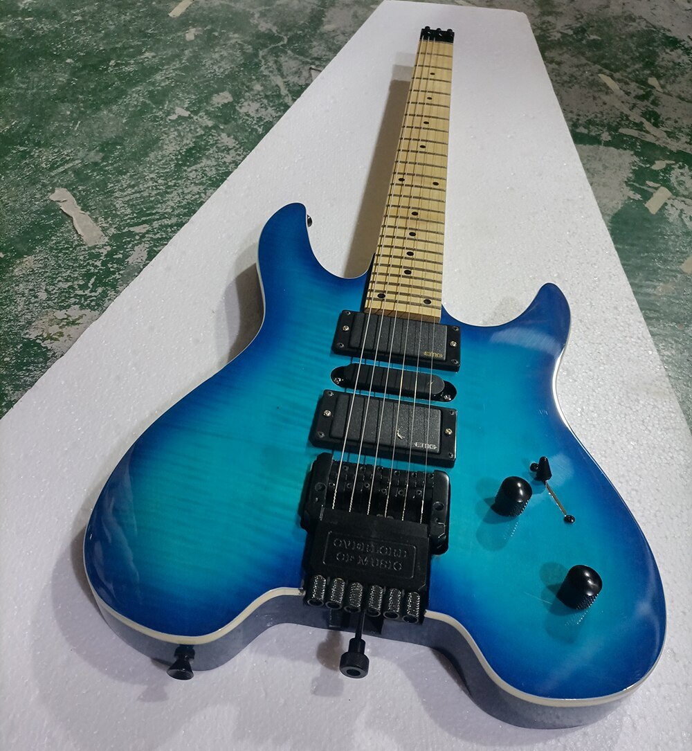 6 Strings Blue Headless Electric Guitar with Flame Maple Veneer