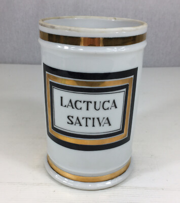 Antike Salat Apothekerdose ''Lactuca Sativa'' aus dem 19. Jh. blickdicht Porzellan 17,5 cm H