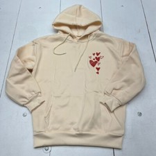 Beige Heart Graphic Print Hooded Sweatshirt Women's Size Small NEW