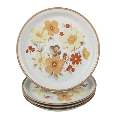 4 Nitto Heatherstone Woodsong Dinner Plates #9609 Brown & Yellow Flowers Japan