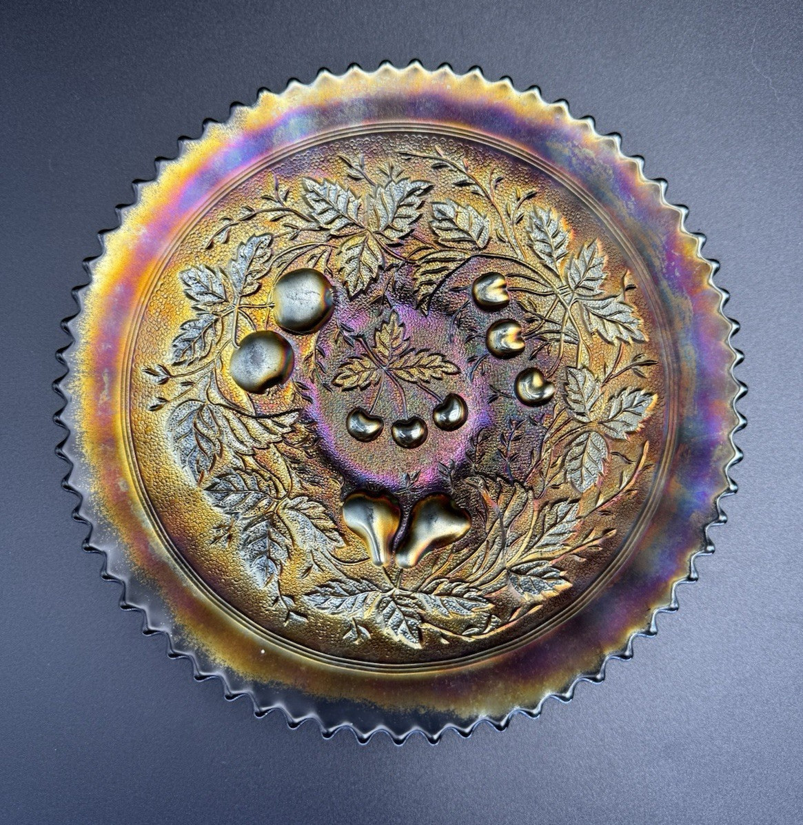 Carnival Northwood Amethyst Stippled Three Fruits Plate Bronze Iridescence
