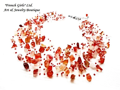 Red Raw Carnelian Gemstone Crochet Statement Air Necklace 