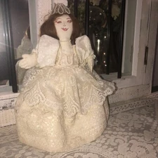 Gorgeous OOAK Handmade Cloth Rag Doll Bride Antique Lace Embroidered Face EUC