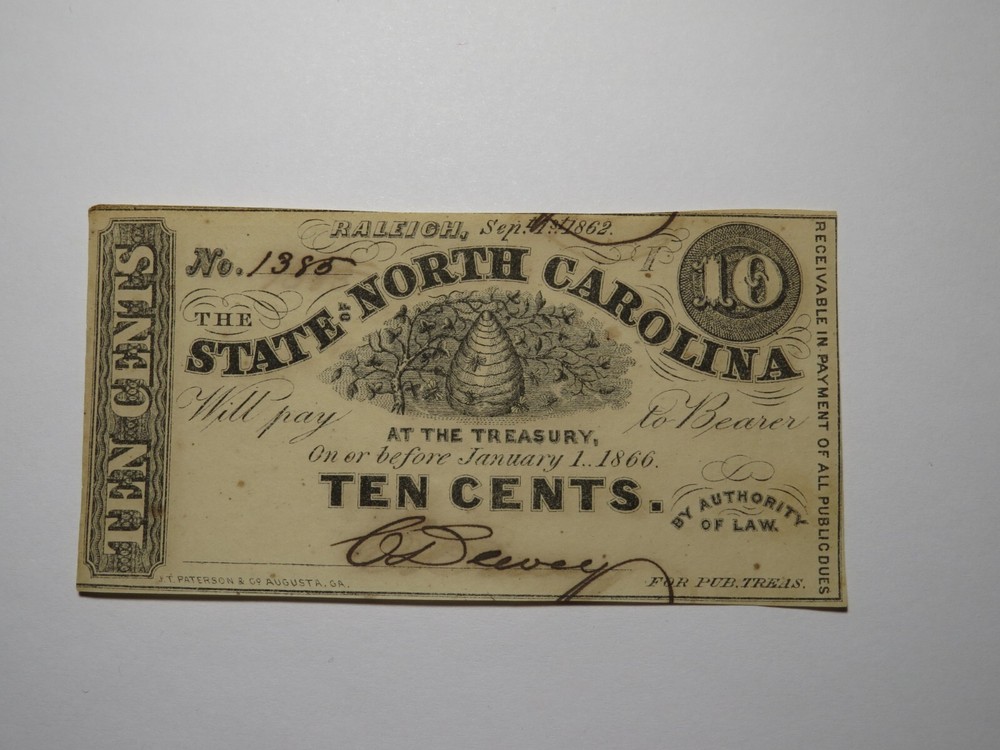 1862 Raleigh NC Obsolete Currency $0.10 Bill UNC State Bank Note