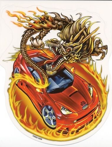 FLAMING GOLDEN DRAGON RED RACE CAR RARE DISCONTINUED VINYL STICKER/DECAL By ODM - Afbeelding 1 van 1