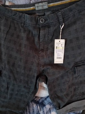 Tom Tailor Men's Cargo Bermuda Shorts Plaid Gray Cotton Button MPN 1030018
