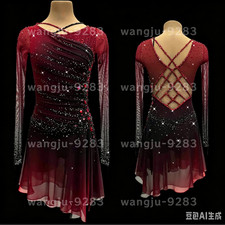 Ice skating dress Competition Figure Skating Twirling Costume dark red dyeing