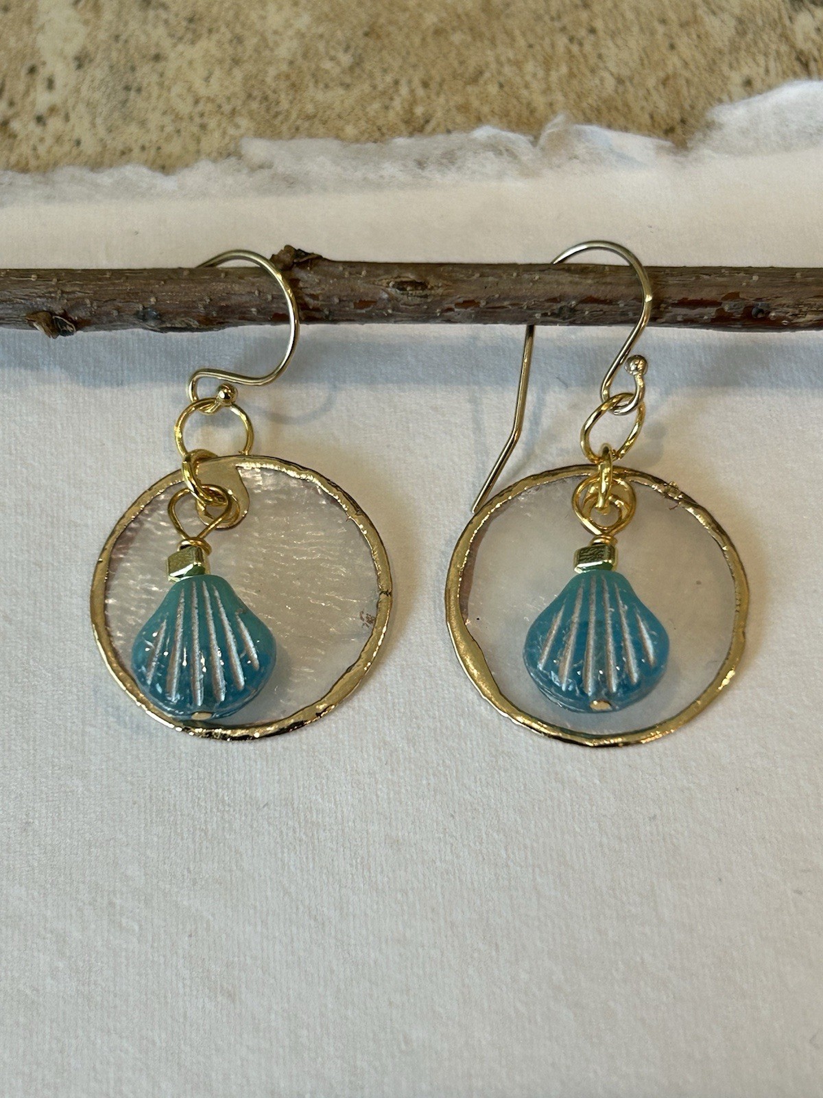Natural Capiz Shell Aqua Czech Glass Shell Gold Fill Earrings Sundance Treasures