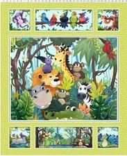 36" X 44" Panel Jungle Friends Animals Birds Snakes Hippos Cotton Fabric D774.12