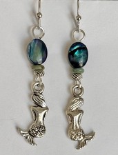 Summer Silver Mermaid and Ocean Blue Abalone Earrings. Beach Lovers.