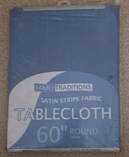FAMILY TRADITIONS Satin Stripe Fabric Tablecloth 60” Round Blue - NEW