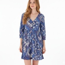 Calvin Klein Dress Womens 12 Bohemian V Neck 3/4 Sleeve Blue White Casual Style