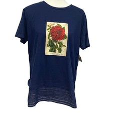 New Hand Printed Upcycled Womens Large Vintage Book Page Red Rose Flower Tee