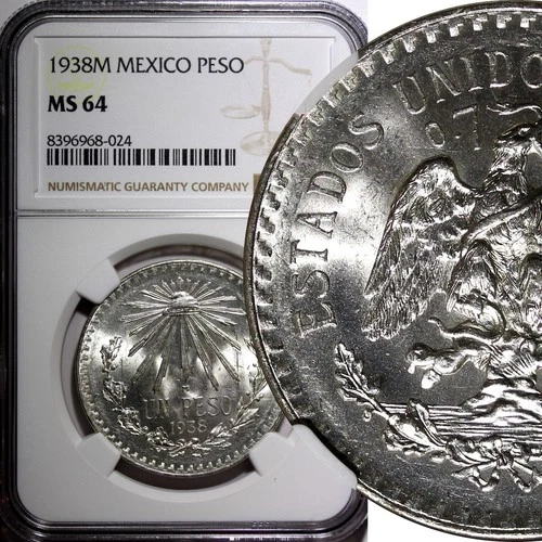 Mexico ESTADOS UNIDOS MEXICANOS Silver 1938 M Peso NGC MS64 GEM BU KM# 455 (4)