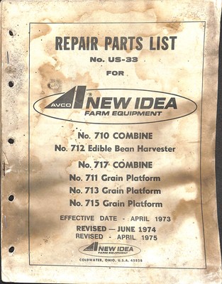 Avco New Idea Repair Parts List US-33 for 710 712 717 Combines & Grain Platforms