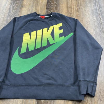 Nike Sweatshirt Mens L Black Swoosh Check Big Green Yellow Spellout Logo Sweater