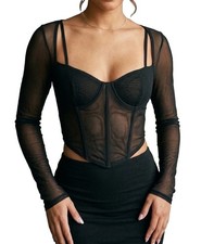 White Fox Women’s Sz M US Long Sleeve Mesh Corset Bustier Off Shoulder  Black