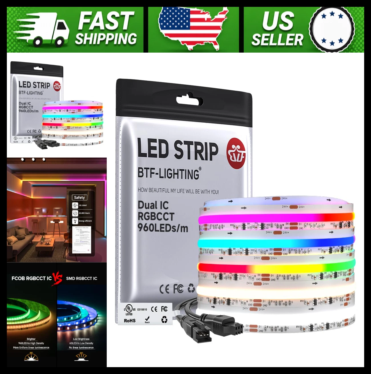 BTF-LIGHTING RGB+CCT COB LED Strip 16.4ft 24V High Density