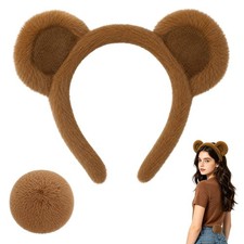 Brown Bear Ears Headband with Detachable Tail, Plush Bear Headband Animal Cos...