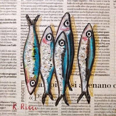 Sardine Fish Anchovies Oil Painting Origina Food on Newspaper Kitchen Wall Art