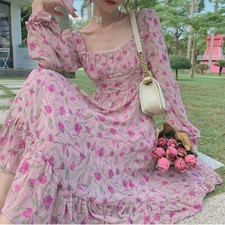 Damen Blumen Kleid Chiffon Lang Retro Eckiger Ausschnitt Prinzessin Elegant Pink