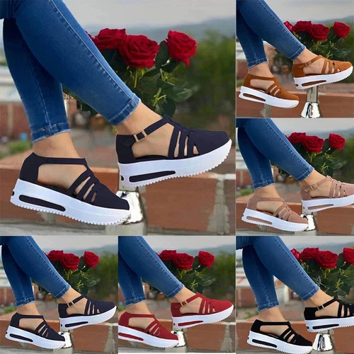 Damen Keilabsatz Plateau Sandalen Runde Schnalle Sommerschuhe Geschlossene Zehe Knöchelriemen - Bild 4 von 19