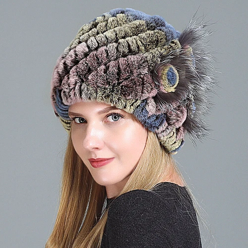Damen Echt Rex Kaninchenfell Beanie Mütze Winter Warm Mütze mit Fuchs Handarbeit Geflochten - Bild 50 von 52