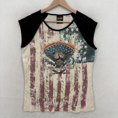 Harley-Davidson Shirt Womens 2X Flag Eagle Patriotic Cap Sleeve Grunge Y2K Moto