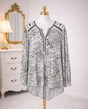 Lucky Brand Knit Tunic Top Womens Size 1X Black Cream Floral Embroidery Boho