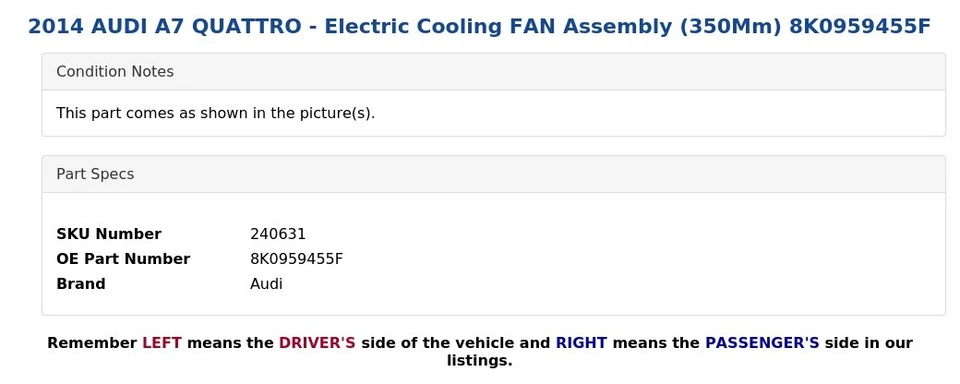 AUDI A7 QUATTRO 2014 - Conjunto de ventilador de refrigeración eléctrico (350 mm) 8K0959455F Foto 3 de 4