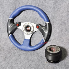 Fits Golf GTI 320MM Steering Wheel Black Blue 6-Hole PVC & Hub Adapter JDM Horn