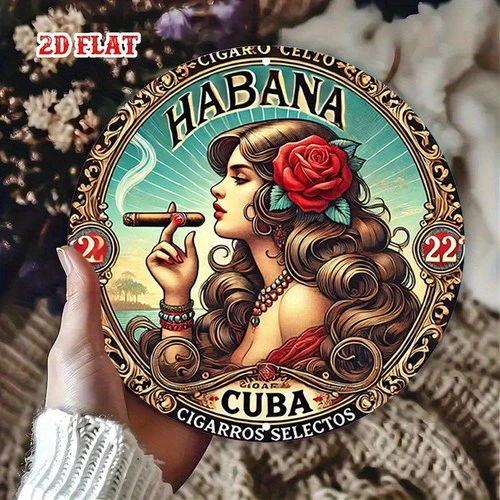2D Flat, Vintage Cuban Cigar Art Tin Metal Signs Home Décor 8x8 Havana Round
