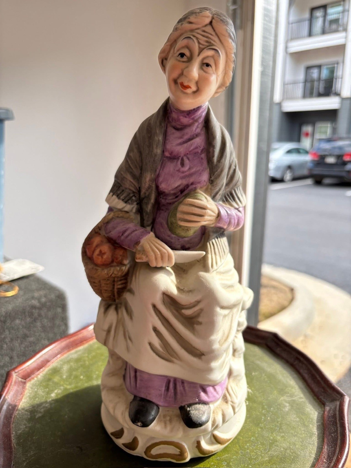 Vintage Ceramic Figurine Old Woman Sitting Peeling Apples Potatoes 6 1/2