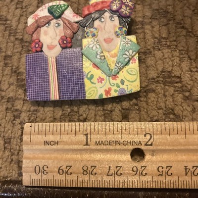 Artisan Crafted Polymer Clay Pin/Pendant 2 Woman Friends With A Colorful Look