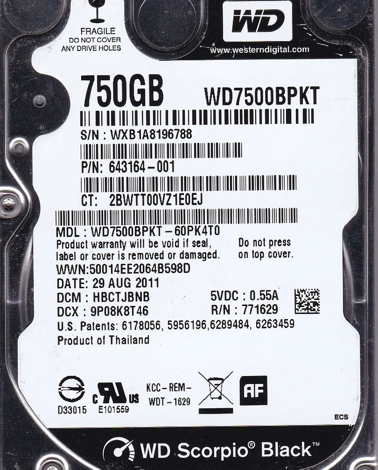 WD7500BPKT-60PK4T0 dcm: HBCTJBNB WXB1A8 AUG 2011 750GB SATA 2.5 Western Digital - Image 3 of 4