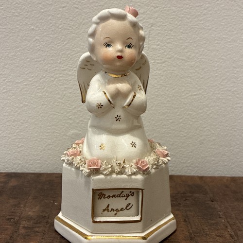 50' Napco Monday's Angel Porcelain Figurine w/ Rotating Calendar Spaghetti Trim