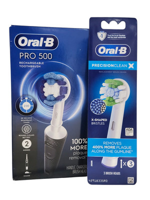 2 Oral-B Pro 500 Electric Toothbrush with Brush Head Rechargeable + Replacement