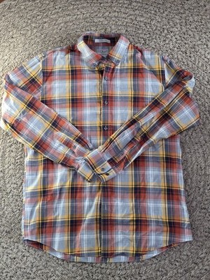 L.L.Bean Wrinkle Free Plaid Button Down Shirt Men s Large Orange Blue Cotton