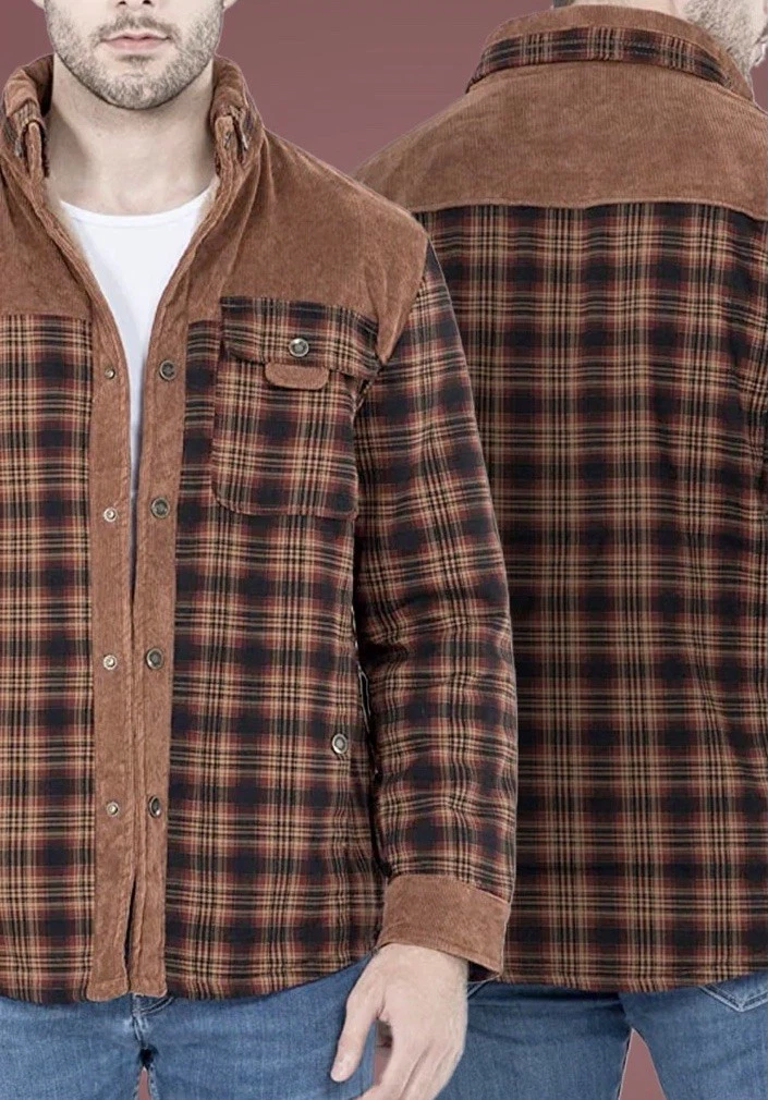 Fashion Men’s Plaid Shirts Jacket Fleece Lined Flannel SZ-Small R- Brown